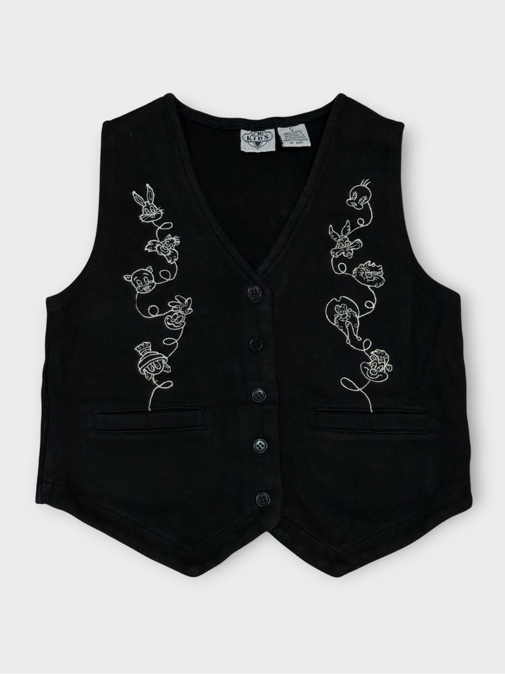 Vintage ACME Kids Looney Tunes Embroidered Sweater Vest Black Women’s S Y2K